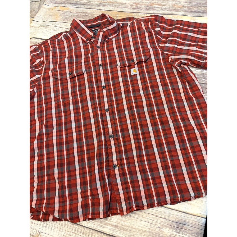 Carhartt‎ Mens 2XL Loose Fit Plaid Short Sleeve Shirt Red Button Down Cotton